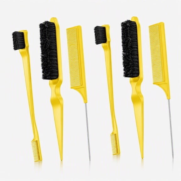 stcellnmex 6 Pcs Slick Back Hair Brush Set Bristle Brush Edge Control Teasing Comb for Women Black Hair Yellow