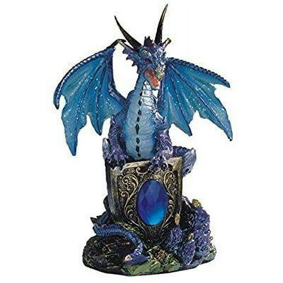 stealstreet blue dragon holding shield on rock collectible figurine statue decor