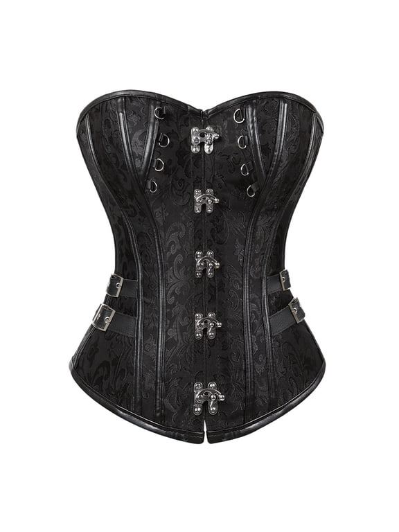steampunk corset bustier top leather basques womens burlesque plus size buckles pirate costumes Black S