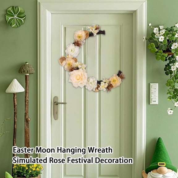 ster Moon Hanging Wreath, 3D Simulated Rose Crescent Wreath With Easter Eggs, Spring Front Door Home Holiday Decoration