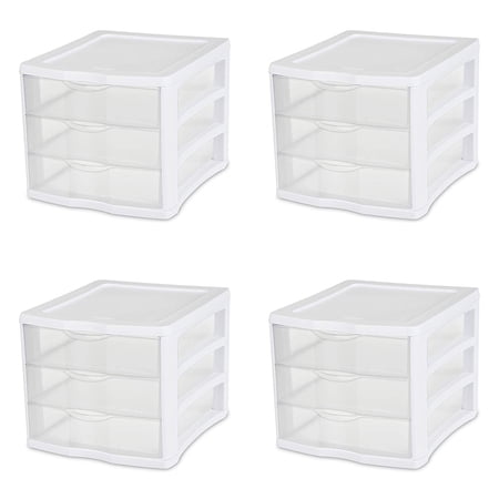 sterilite 17918004 3 drawer unit, white frame with clear drawers, 4-pack