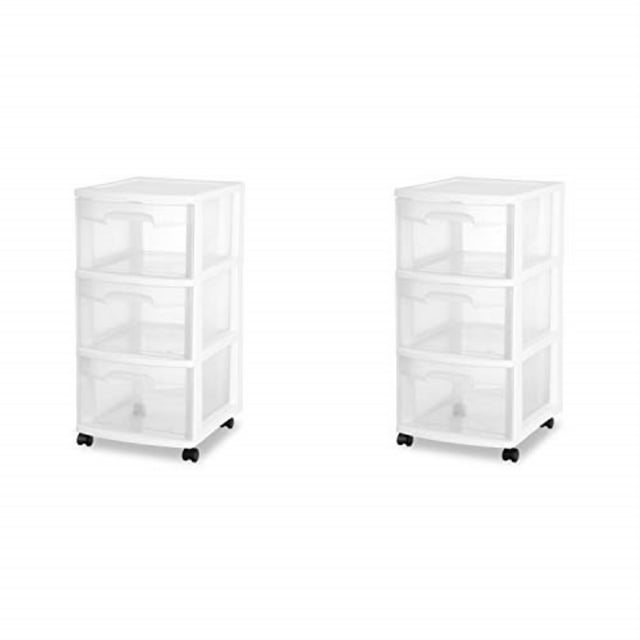 sterilite 28308002 3 drawer cart, white frame with clear drawers and black casters, 2-pack