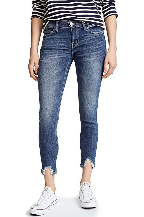 stiletto distressed hem medium-wash skinny jeans