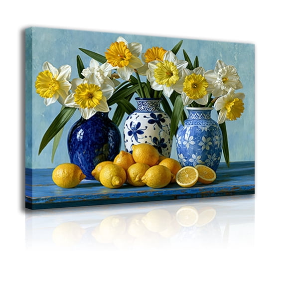 A still life canvas wall decoration frame for a farmhouse, featuring white and yellow daffodils in a Chinese ceramic vase, and a lemon poster; suitable for kitchen and dining room décor.