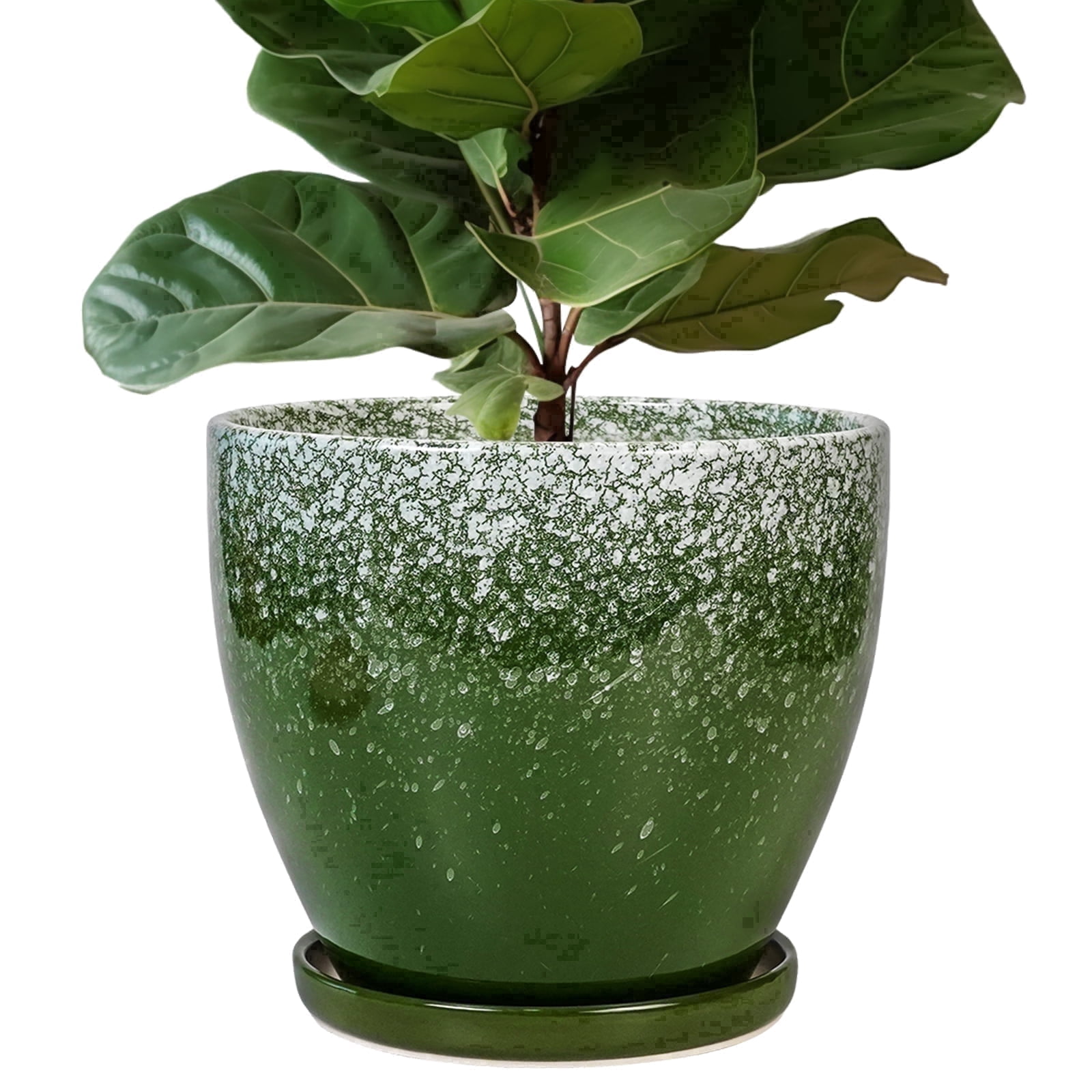 Ordivic 10 inch Large Round Ceramic Planter with Drainage Hole & Saucer, Blackish Green Floor Plant Pot for Fiddle Leaf Fig & Monstera