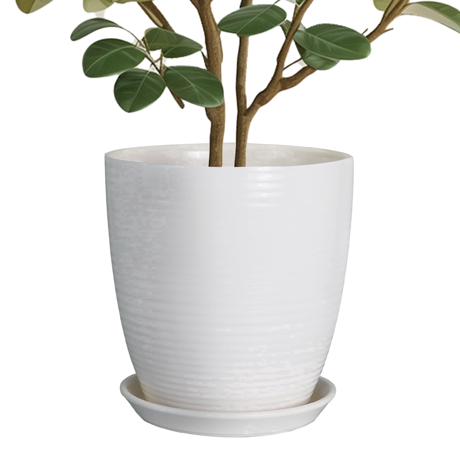 Ordivic 10 inch White Tall Ceramic Planter with Saucer & Drainage, Medium Flower Pot for Indoor Kitchen Herb & Windowsill, Neutral Decor Gift