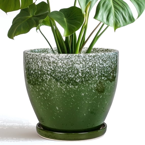 Ordivic 8 inch Textured Glaze Green Round Ceramic Plant Pot with Drainage Hole & Matching Saucer, Indoor Outdoor Decorative Planter for Houseplants, Shelf Display & Home Decor