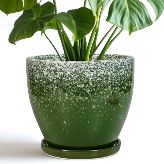 Stillaflora 8 inch Green Ceramic Plant Pot with Drainage Hole & Saucer | Glaze Textured Indoor Outdoor Plnater for Houseplants, Home Decor & Shelves