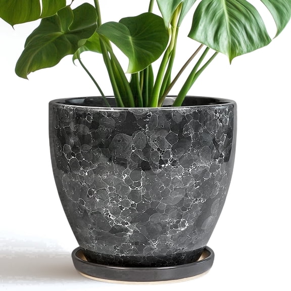 Ordivic 8" Gray Glazed Pot with Saucer & Drainage Hole,Ceramic Indoor Outdoor Planter for Houseplants & Patio Decor