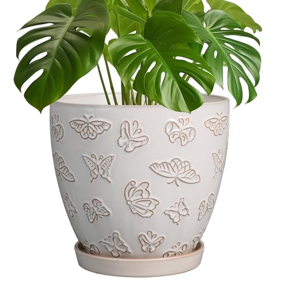 Stillaflora 8 inch White Ceramic Planter with Saucer & Drainage, Rustic Decorative Vintage Flower Pots for Indoor Snake Plants,African Violet