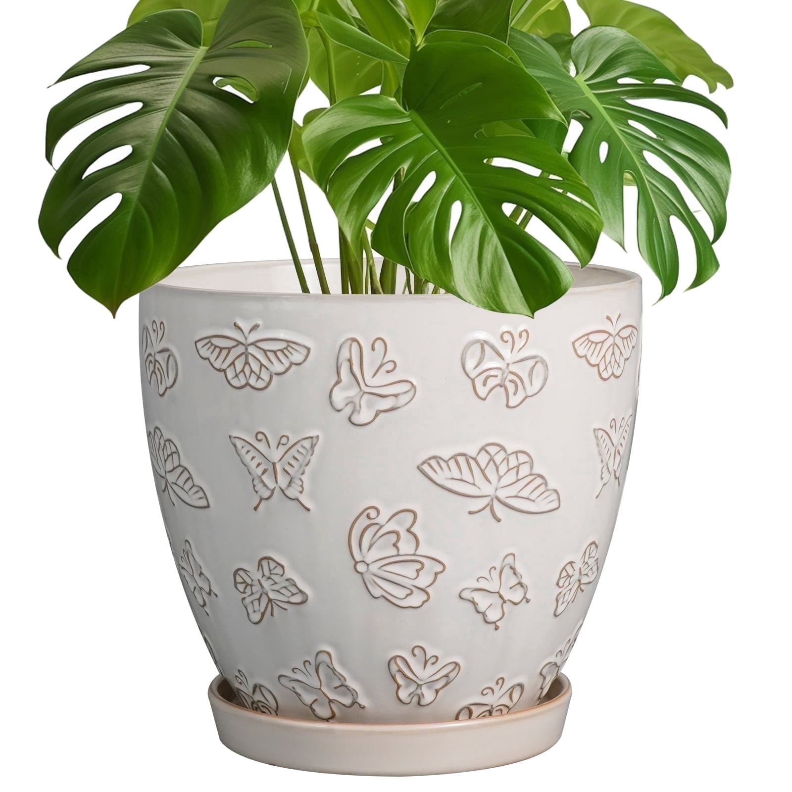 Ordivic 8 inch White Ceramic Planter with Saucer & Drainage, Rustic Decorative Vintage Flower Pots for Indoor Snake Plants,African Violet