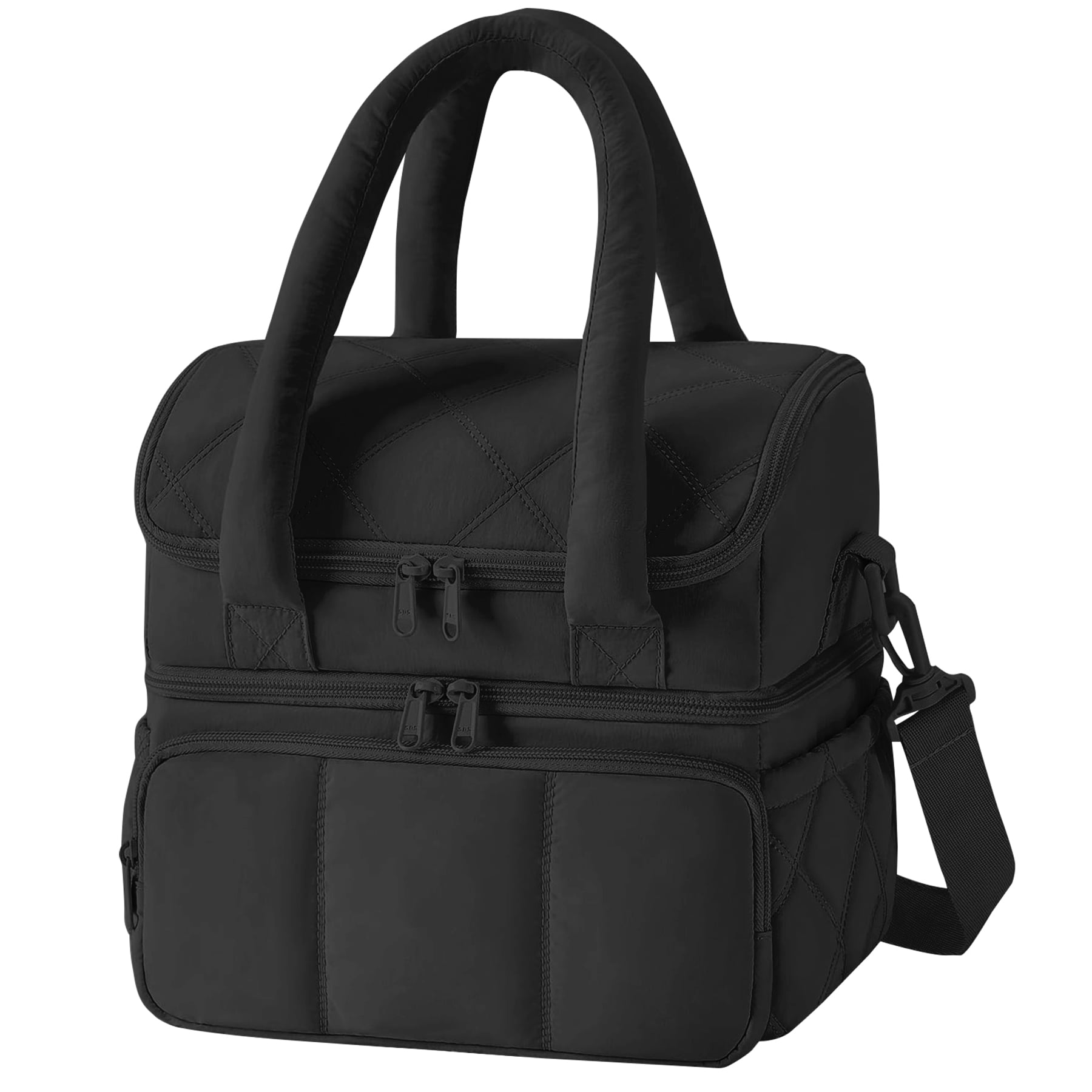stillithou Double Deck Lunch Bag Insulated Leakproof, Quilted Puffer Lunch Bag Women Lightweight for Work Travel Beach Picnic, Large(Double Deck), Black