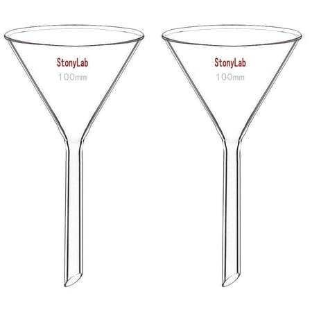 StonyLab Borosilicate Glass Heavy Wall Funnel, 100ml Capacity, Short Stem, 100mm Diameter, 2-Pack
