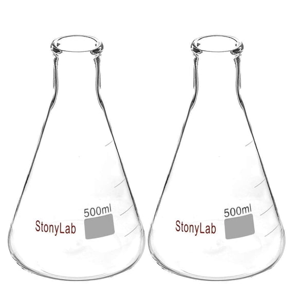 StonyLab 500ml Heavy Wall Narrow Mouth Erlenmeyer Flasks, 2-Pack Glass Lab Beakers with Durable Rim