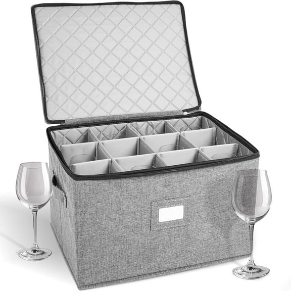 storageLAB Wine Glass Storage Containers, Hard Shell Organizer for Stemware and Glassware Sets, Stackable Wine Glass Storage Box with Dividers for Kitchen and Moving Supplies - 1 Pack, Gray