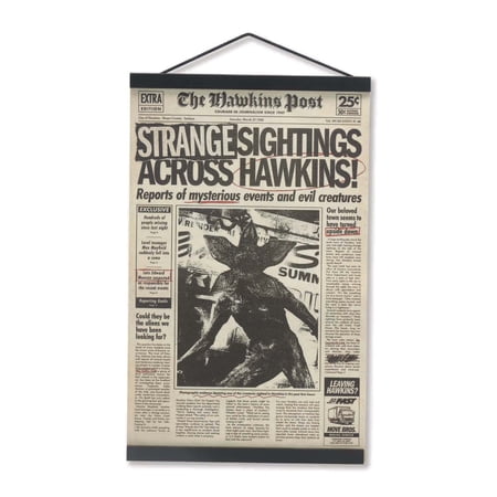 Stranger Things Newspaper Canvas Banner with Wood Slats and Black Rope Hanger by Hawkins Design 20"