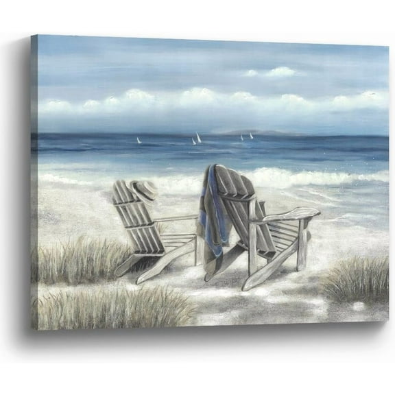 the stream design Coastal Canvas Wall Art Picture: Ocean Beach Chair Scene Painting Print Relaxing Seaside Seascape Grass Artwork for Bathroom Living Room Bedroom Decor