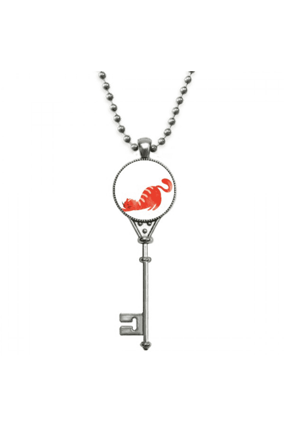 stretching fat cat animal watercolor pendant vintage necklsilver key jewelry