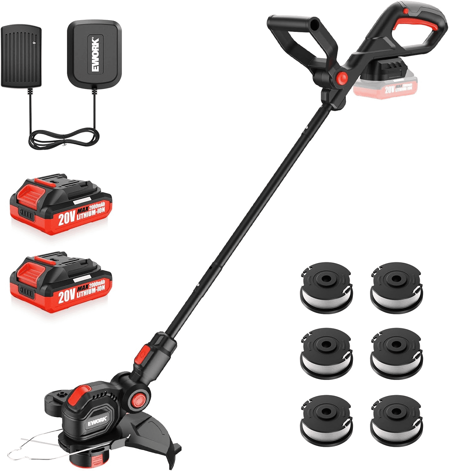 EWORK 20V Cordless Weed Wacker, 12-Inch Battery Powered Weed Eater Electric String Trimmer, Includes 2 x 2.0 Ah Batteries, Fast Charger and 6 Replacement Spool Lines, Grass Edger for Lawn Yard Cuttin