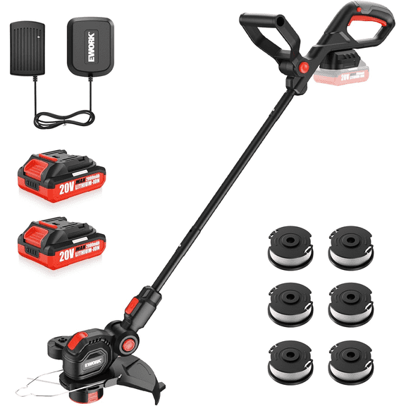 EWORK 20V Cordless Weed Wacker, 12-Inch Battery Powered Weed Eater Electric String Trimmer, Includes 2 x 2.0 Ah Batteries, Fast Charger and 6 Replacement Spool Lines, Grass Edger for Lawn Yard Cuttin