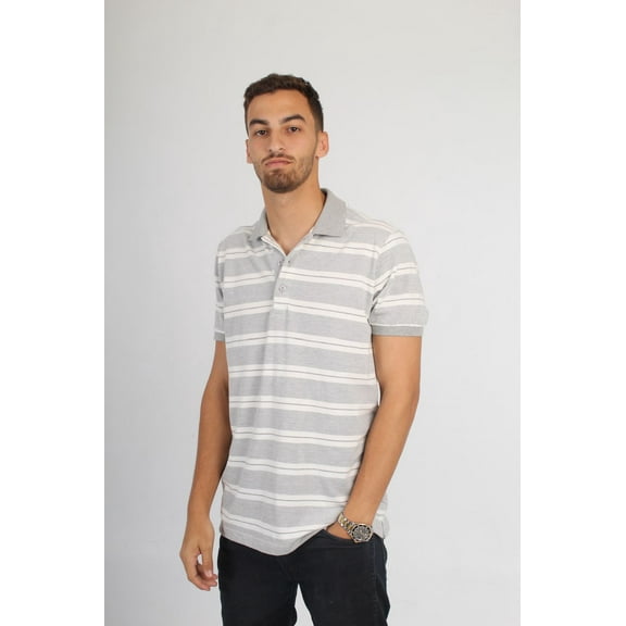 stripped green and white polo shirt
