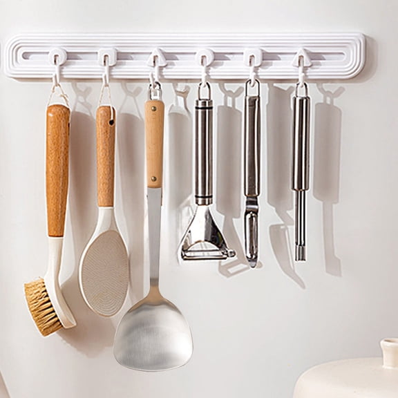 strola Toys Adjustable Sliding Hook Strip, 6 Hooks Adhesive No Drill Organizer for Kitchen Bathroom Closet, Heavy Duty Waterproof Removable Over The Door Hooks, White