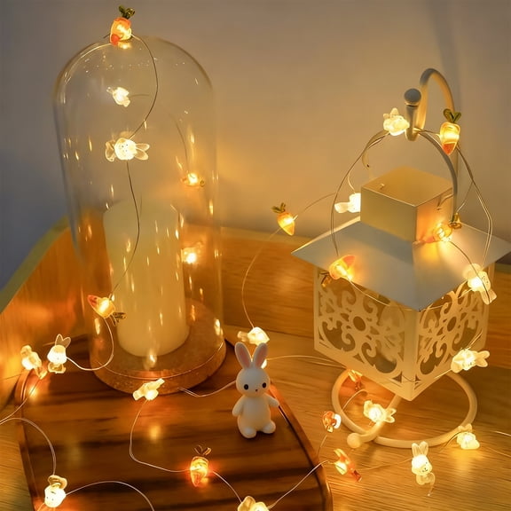 strola Toys Easter Bunny Carrot String Lights - 20 Lights 80 Inch White Plastic LED Lights for Indoor Outdoor Garden Decor, Easter Spring Party Decoration