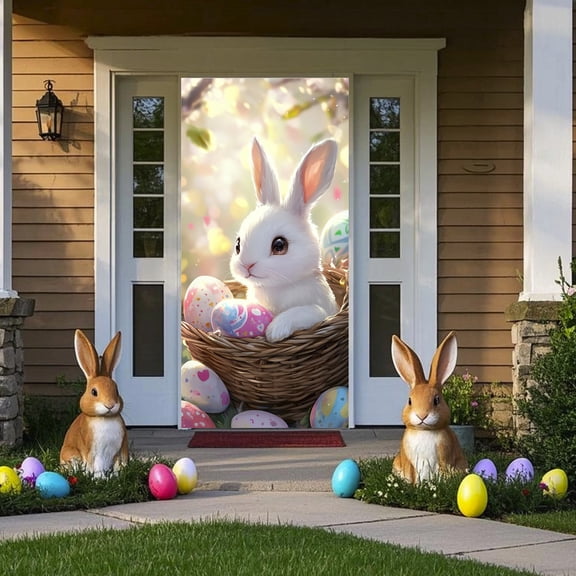 strola Toys Easter Bunny Door Decor - Large 70x35 Inch Fabric Door Hanging for Front Door, Porch, Wall, Easter Party & Spring Holiday Decoration