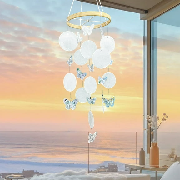 strola Toys Handmade Capiz Shell Wind Chime, Butterfly Wooden Hanging Decor for Outdoor Balcony, Light-Catching Window Ornament, Blue White Wall Art
