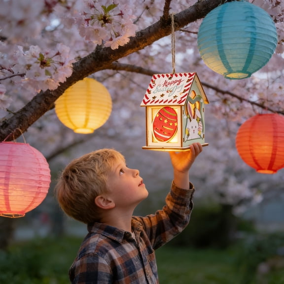 strola Toys LED Light Up Easter Wooden House with Bunny and Easter Egg Design, Hanging Ornament & Tabletop Decor for Easter Home Party Gift