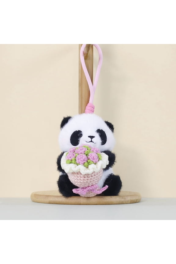 Panda Plush with Flower Crochet Bag Charm, Cute Stuffed Animal Keychain for Purse Backpack, Soft Mini Plushie Valentines Day Gift