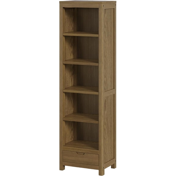 strong store 5-Tier Solid Wood Bookshelf with Drawers, 72-inch Tall Standing Bookcase, 17.7" Wide Open Display Shelf for Living Room, Study, Office Storage, Deep Wood Color