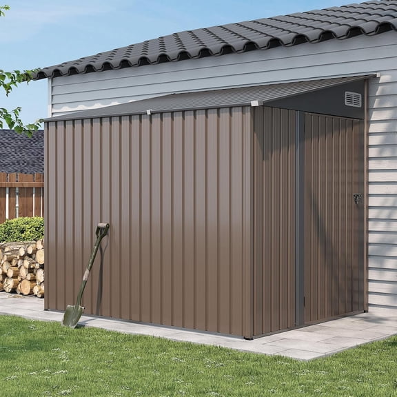 strong store 7x5 FT Lean to Shed Garden Metal Storage Shed with Lockable Doors Outdoor Bike Shed for Backyard, Patio, Poolside (Brown)