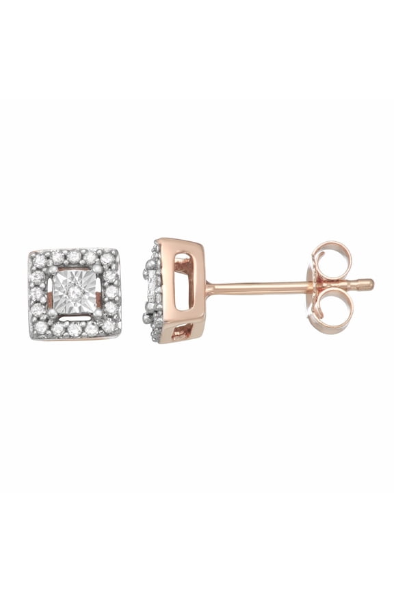 1/7 cttw Square/Prince Diamond Halo Miracle plate Stud Earring Crafted in 10KT Rose Gold Real Diamond Earring for Women.