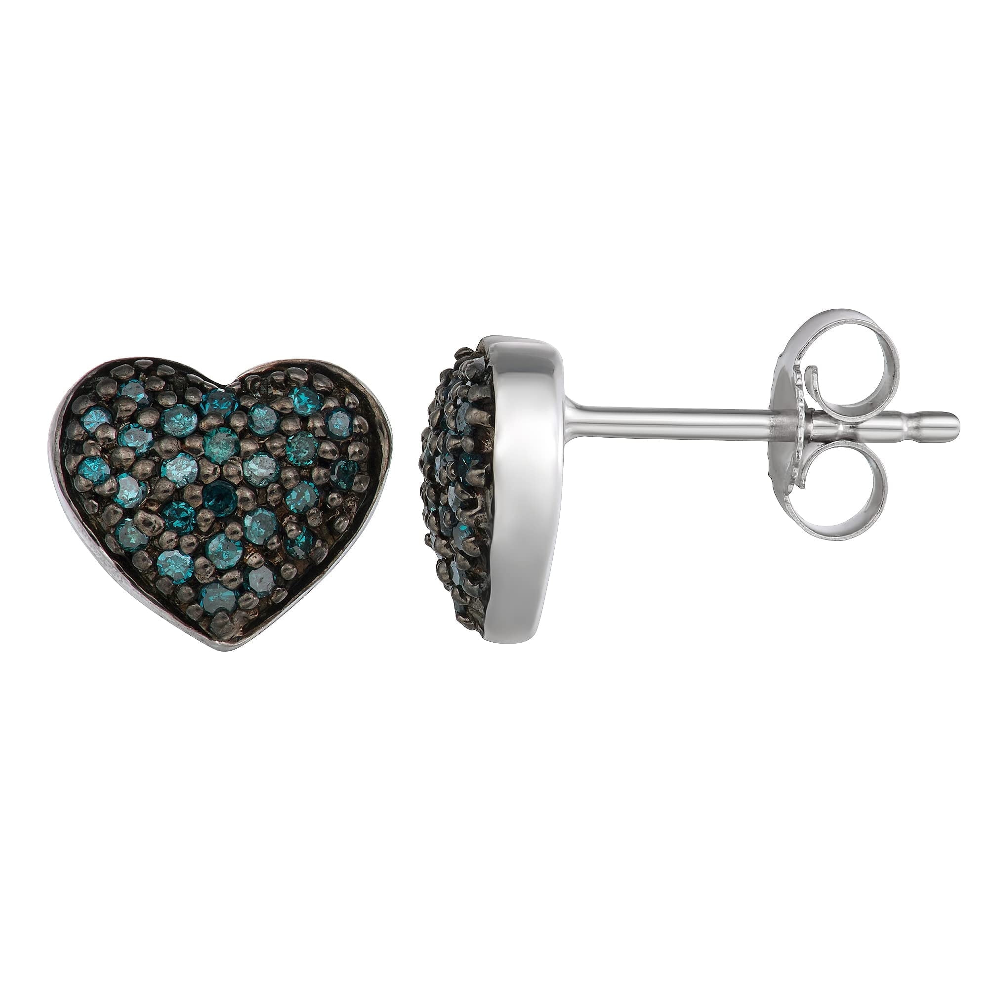 1/4 Carat Total Weight (CTTW) Natural Blue Diamonds Heart Shape Earrings in 925 Sterling Silver - Solitaire Look, Gift for Women/Unisex