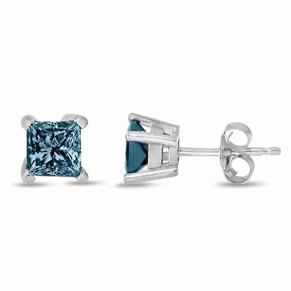 1 Carat Total Weight CTTW Blue Princess Diamond Studs in 14K gold - Great Gift for Women