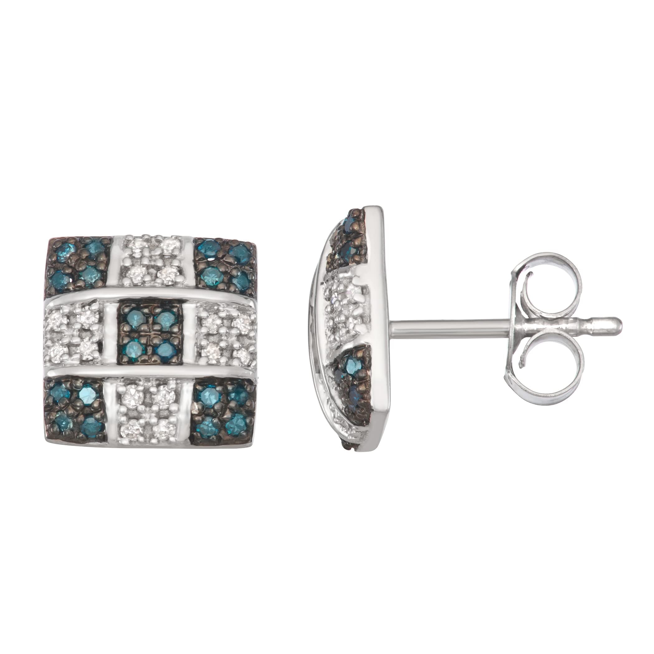 1/3 Carat Total Weight (CTTW) Natural Blue and White Diamonds Cushion Shape Earrings in 925 Sterling Silver - Solitaire Look, Gift for Women/Unisex