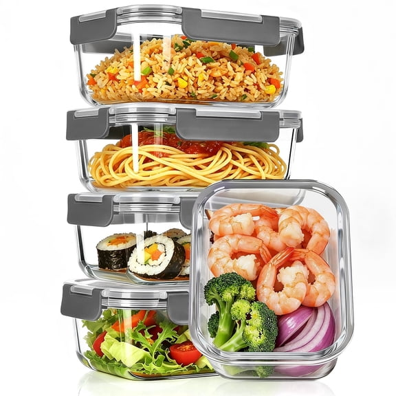 stusgo 5 Pack 35oz Glass Food Storage Containers with Lids, Airtight Snap Locks,Microwave,Oven,Freezer & Dishwasher Safe(Grey)
