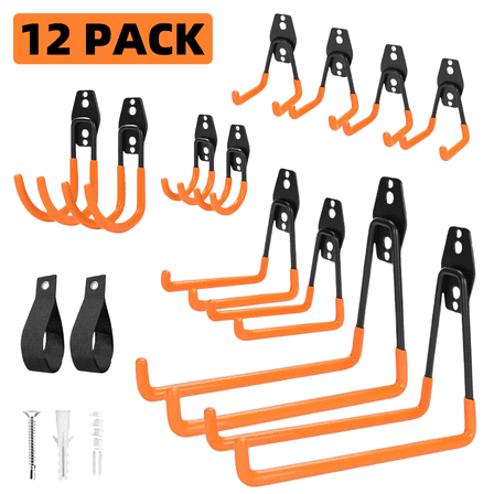 stusgo 12 Pack Garage Hooks Heavy Duty, Utility Steel Garage Storage Hooks, Wall Mount Tool Organizer for Hanging Garden Tools, Ladders and Bulky Items (Orange)