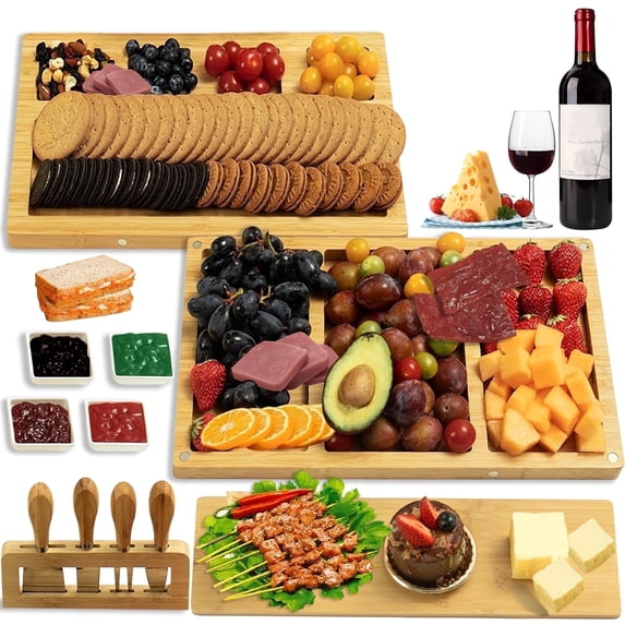 stusgo 16" Cheese Board Set of 17, 3-in-1 Premium Cheese Board Gift Set - Charcuterie Board and Knife Set Comes with Mixing Bowl, Knife Set