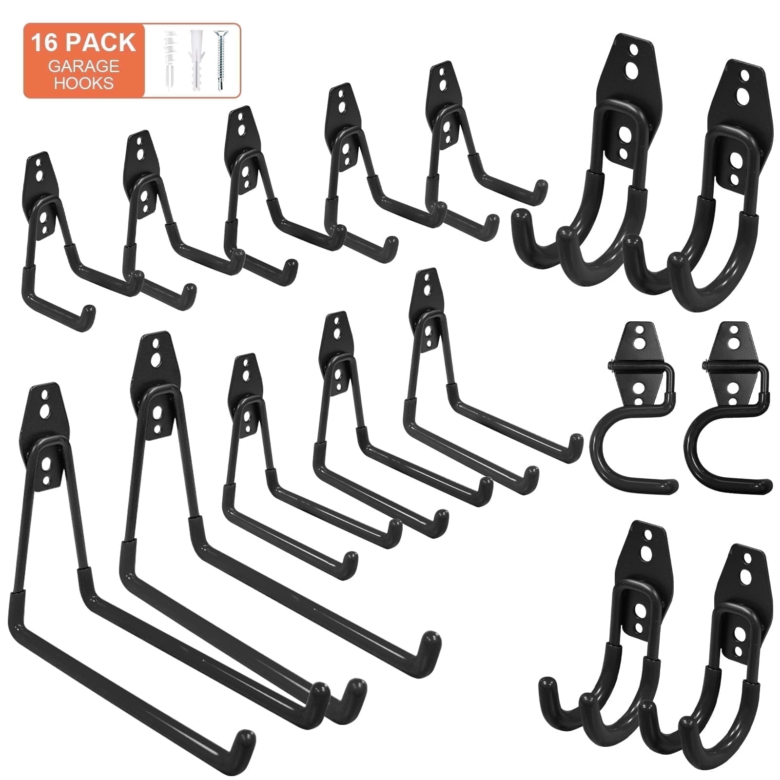 Steel Garage Storage Hooks - 16 Pack Anti-Slip Coating, Heavy Duty Wall Mount Ho