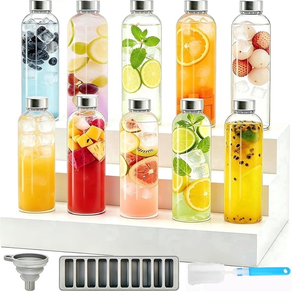 stusgo 18Oz Glass Bottles with Lids Set of 10,Bottle Containers for Liquid, BPA Free,Clear Glass Water Bottles with Stainless Steel Leak Proof Lids for Home, Office,Gym & Outdoors