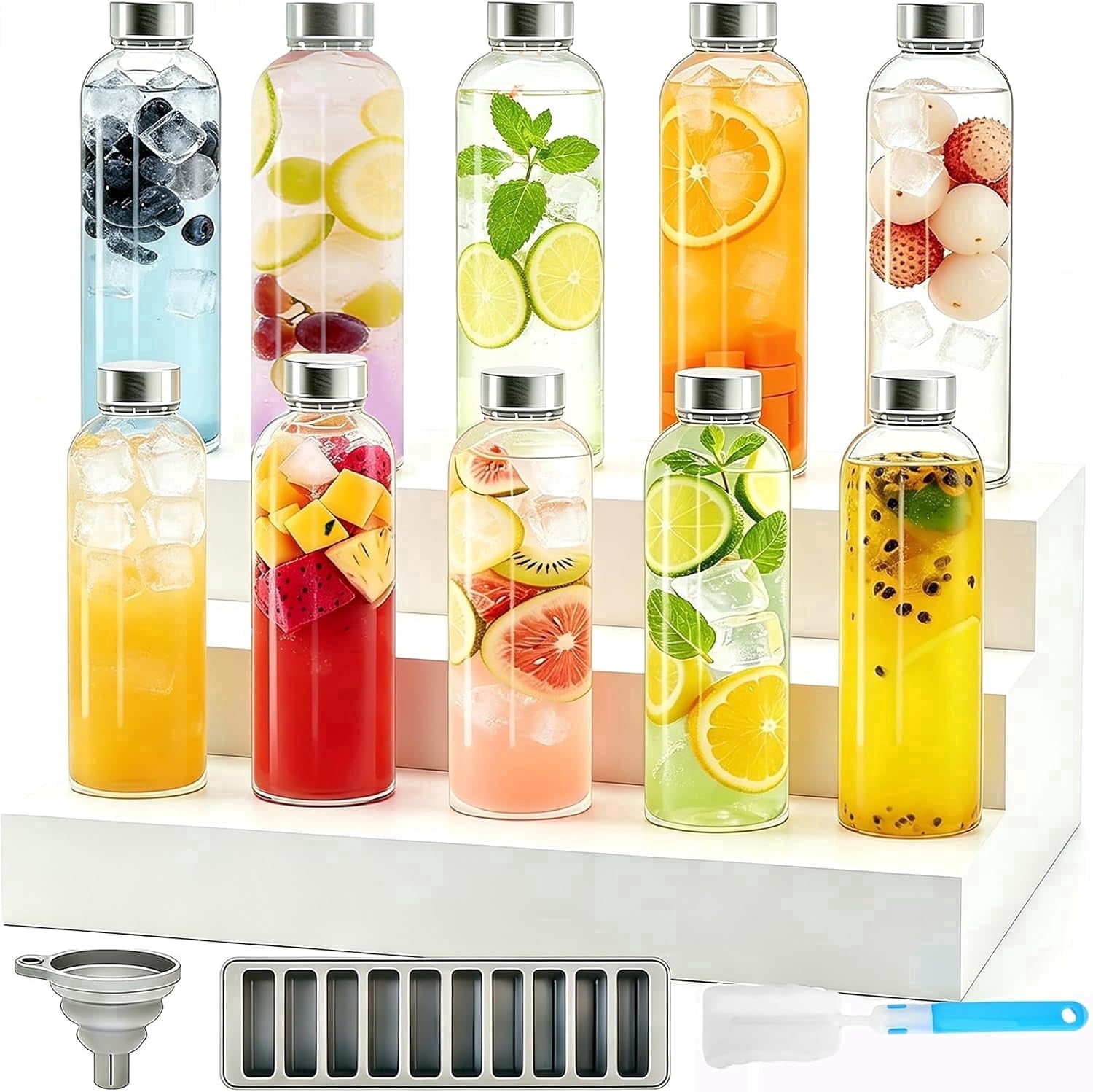 stusgo 18Oz Glass Bottles with Lids Set of 10,Bottle Containers for Liquid, BPA Free,Clear Glass Water Bottles with Stainless Steel Leak Proof Lids for Home, Office,Gym & Outdoors