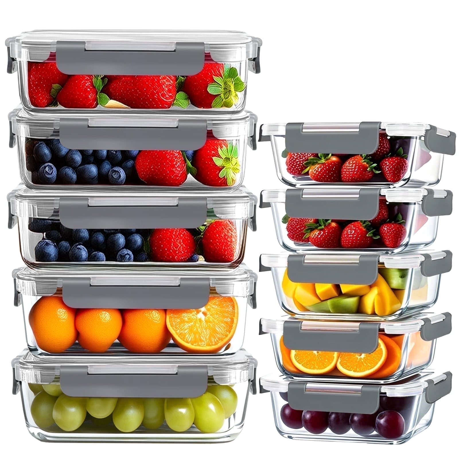 stusgo 20 Pas Glass Storage Containers with Lids（5 x1040 ml, 5 x370 ml）, BPA Free，Reusable (10Pcs Grey)