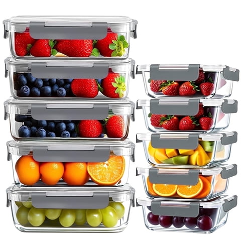 stusgo 20 Pas Glass Storage Containers with Lids（5 x1040 ml, 5 x370 ml）, BPA Free，Reusable (10Pcs Grey)