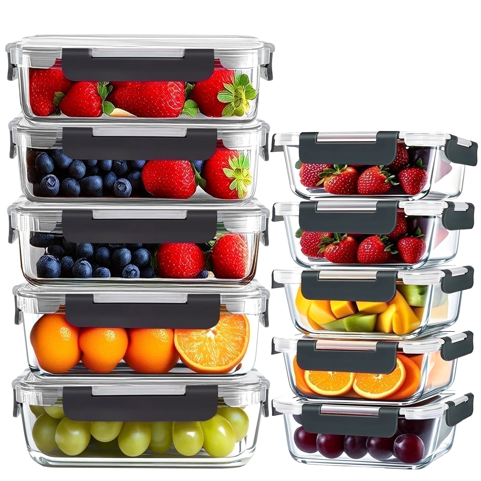 stusgo 20 Pack Glass Food Storage Containers with lids( 5 x1040 ml, 5 x370 ml), BPA Free,Reusable for Kitchen Organization (10Pcs Black)