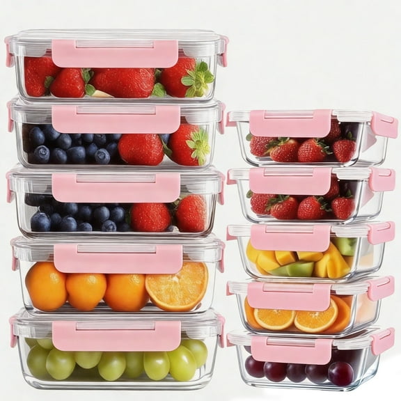 stusgo 20 Pack Glass Food Storage Containers with lids（ 5 x1040 ml, 5 x370 ml）, BPA Free，Reusable for Kitchen Organization (10Pcs， Pink)