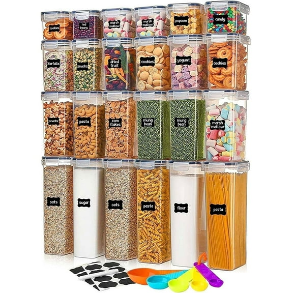 stusgo 24 Pack Airtight Food Storage Containers with Lids, Plastic Kitchen and Organization Canisters for Cereal, Flour and Sugar, BPA Free, Includes Spoons, Labels and a Pen
