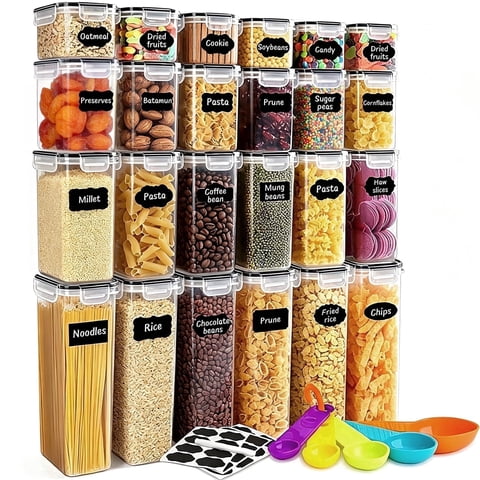 stusgo 24 Pack Airtight Food Storage Containers with Lids, Plastic Kitchen and Organization Canisters for Cereal, Flour and Sugar, BPA Free, Includes Spoons, Labels and a Pen