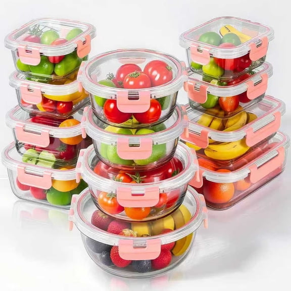 stusgo 24 Pcs Glass Storage Containers with Lids, Reusable for Kitchen Organization (12 Pcs Pink)